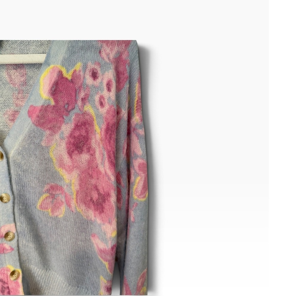 Sundance Floral Watercolor Cardigan Sweater Blue Pink Wool Blend V-Neck Small - Picture 3 of 5
